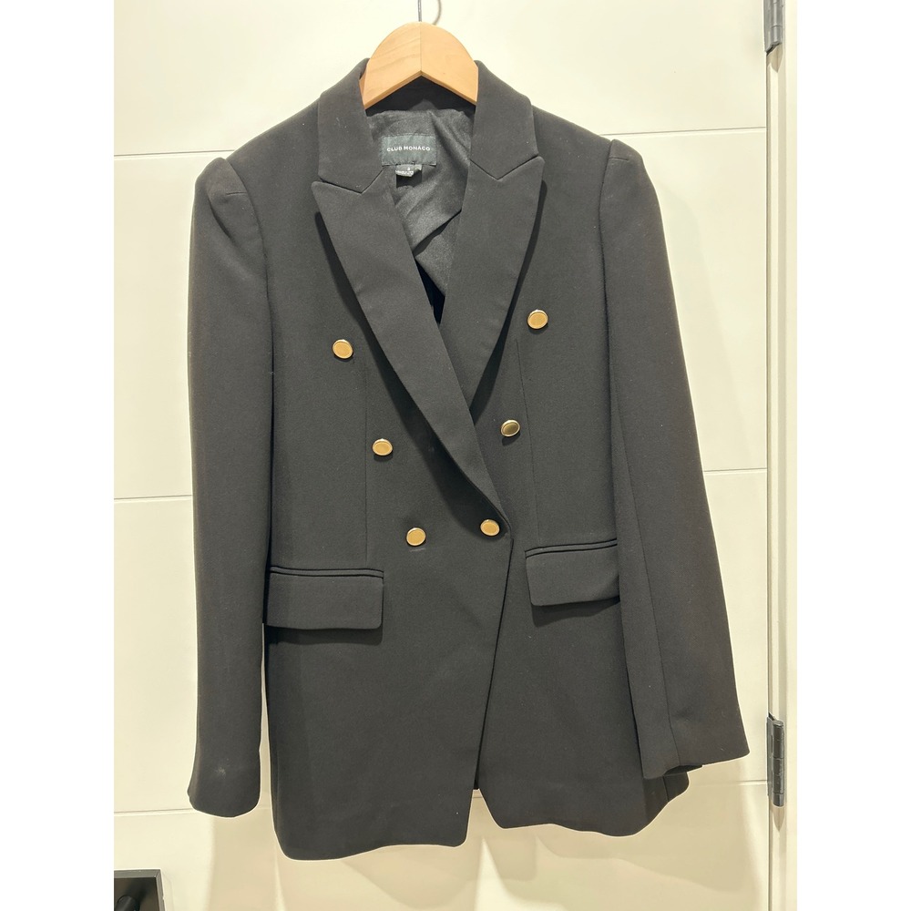 Club Monaco Womens Black Double Breasted Gold Button Blazer Jacket Size 2